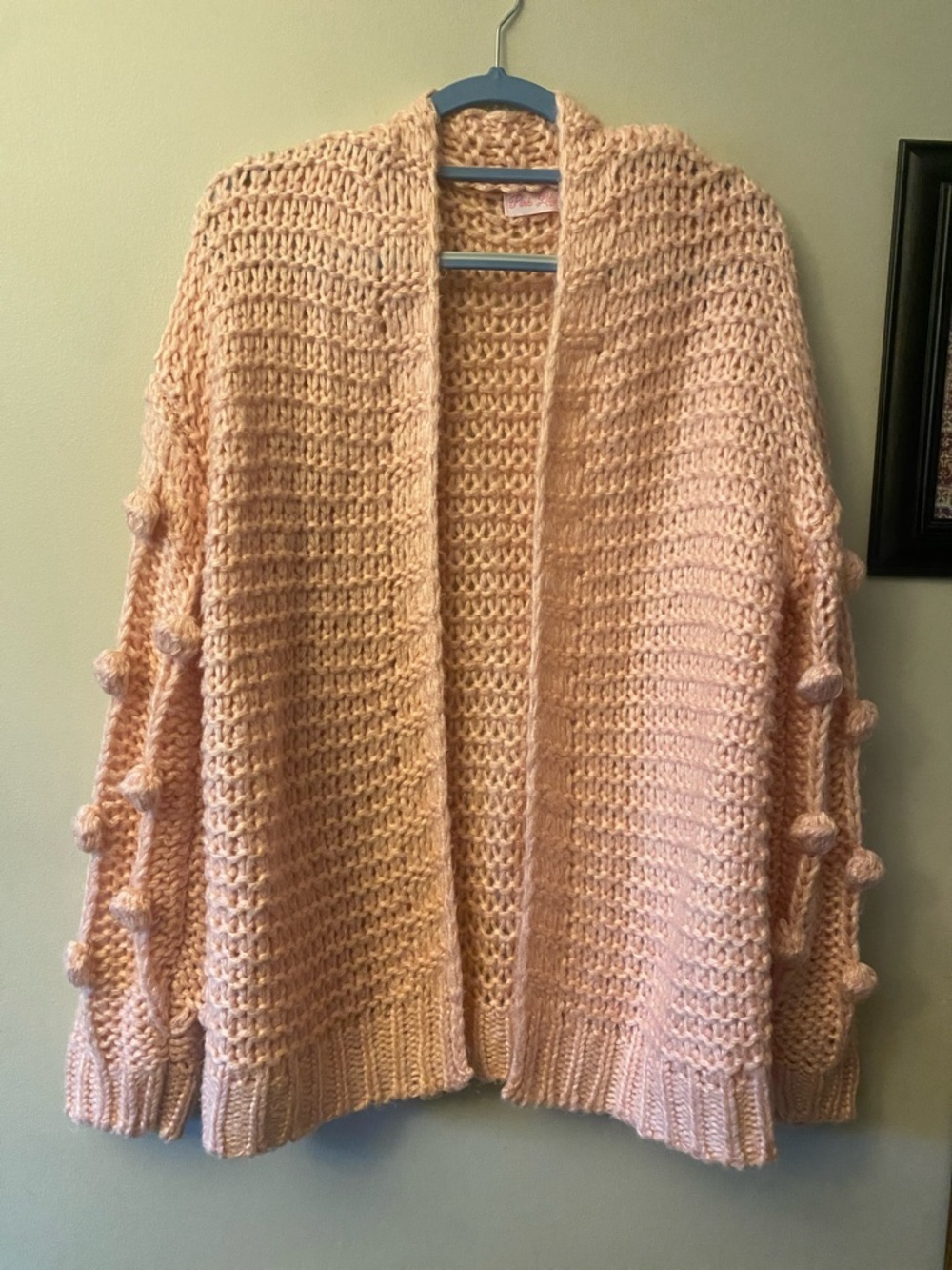 Pink Lily Pale Pink Chunky Open-Front Bobble Sleeve Cardigan